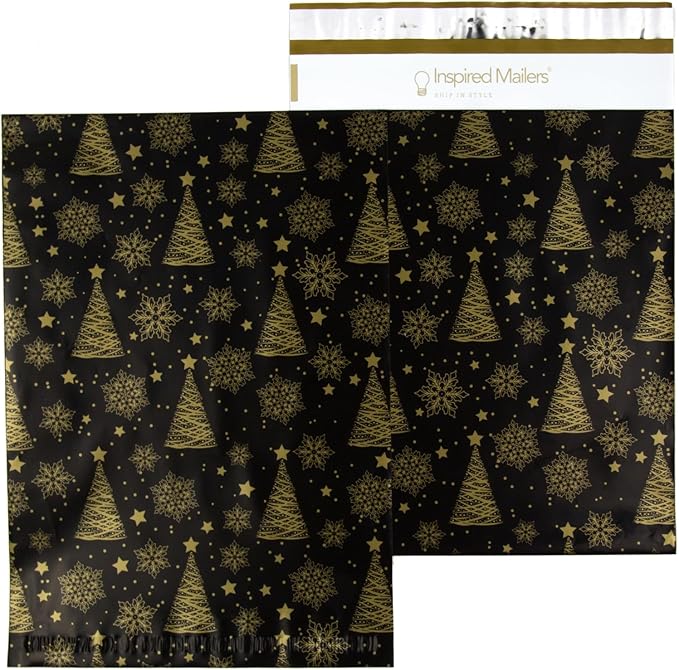 Inspired Mailers - Holiday Poly Mailers 10x13-100 Pack - Christmas Trees and Snowflakes (Black/Gold) - Mailing Envelopes - Christmas Mailers