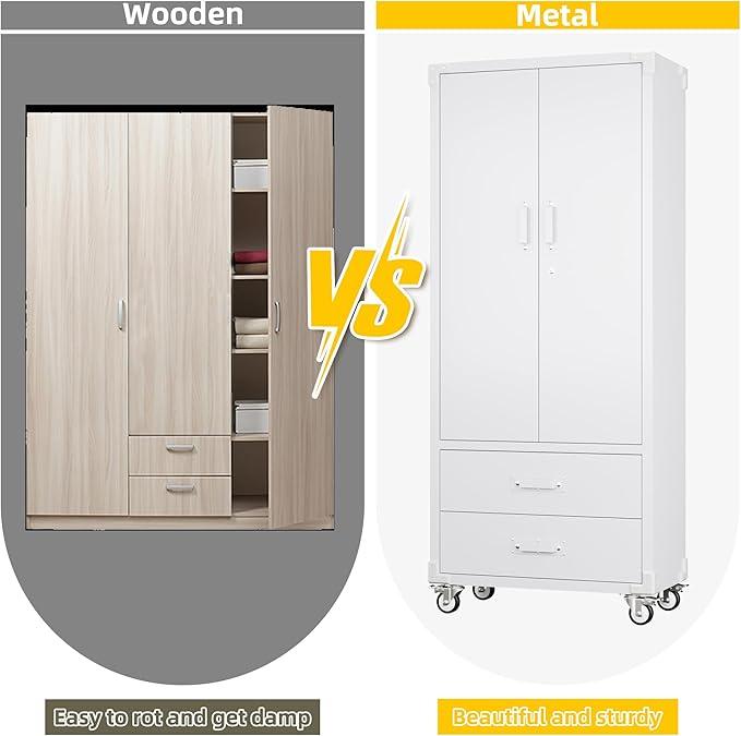 Garage Storage Cabinet with 2 Drawers and Pegboard, Metal Storage Cabinet with 2 Lockable Doors for Garage Home Office,Required Assembly,White,71.2" H*15.2" D*30" W