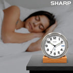 Sharp Silent Sweep Quartz Analog Desk Clock with Alarm Status Indicator on Dial, Brushed Metal Clock with Genuine Wood Stand, Great Gift for Home or Office