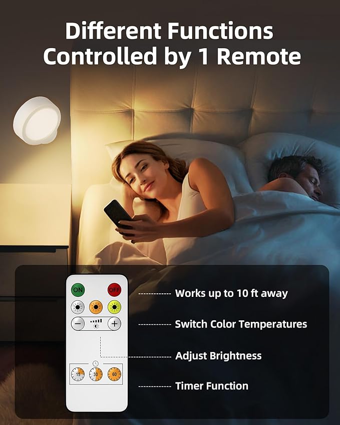 EZVALO LED Wall Mounted Lights, 5500mAh Rechargeable Wall Sconces Lamp, 3 Color Temps & Remote and Touch Control, 360°Rotation Dimmable Cordless Wall Light for Bedroom Reading Study (2 Pack White)