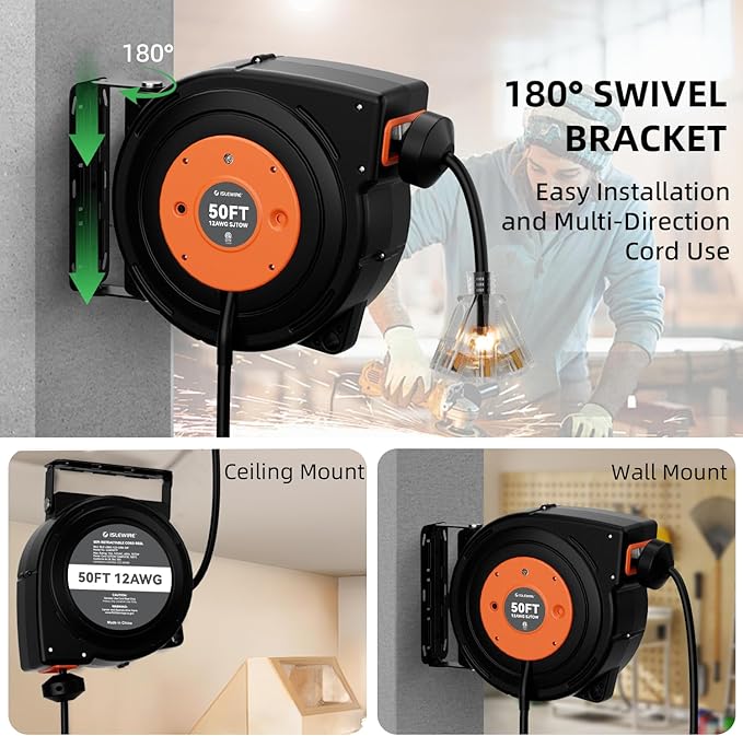 50 FT Retractable Extension Cord Reel, Heavy Duty 12AWG/3C SJTOW Power Cord, Lighted Triple Tap, 15A Circuit Breaker, Wall/Ceiling Mount Electric Cord Reel for Garage & Workshop, ETL Listed, Orange