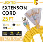 EP 25 Ft Lighted Outdoor Extension Cord with 3 Electrical Power Outlets - 14/3 SJTW Heavy Duty Yellow Extension Cable with 3 Prong Grounded Plug - Power Cord for Lawn, Garden, Appliances