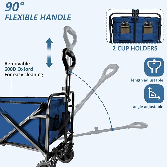 Collapsible Utility Cart Folding Wagon, 220 lbs Capacity Lightweight Rolling Cart with Quiet Wheels, Quick-Fold Design for Camping, Shopping, Ourdoor Use, Blue