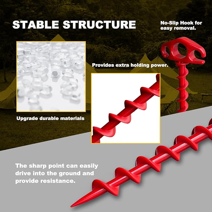 Tent Stakes Ground Anchors Screw in, 6 Pack Sand Stakes for Beach 9.4 Inch Heavy Duty Spiral Tent Pegs for Camping, Party, Hiking, Outdoor Decoration (6, Red)