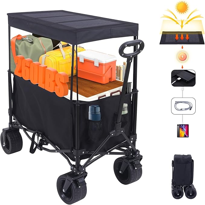 Nice C Wagon with Canopy, Collapsible Wagon, Foldable Wagons, 30W Portable Solar Panel w/USB, Type-C & DC Charging Cable, All-Terrain Wheels