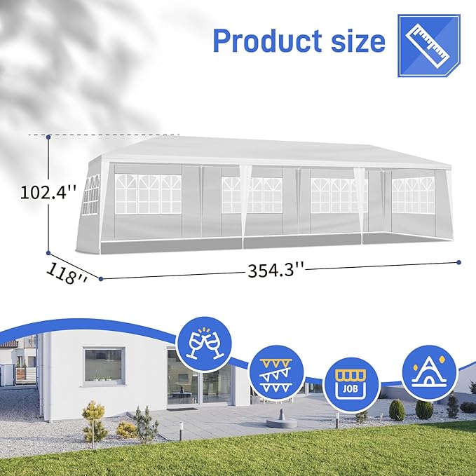 10x30 FT Party Tent, Outdoor Wedding Tents for Parties, Canopy Event Tent with 7 Removable Sidewalls, Waterproof Gazebo Shelter for Birthday Parties, Weddings, BBQs & Events (10X30FT-7Sides White)