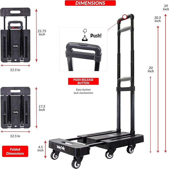 dbest Products Trolley Dolly Platform Cart 6-Wheel Handtruck for Moving, Folding Hand Truck, Telescoping Handle, Expandable Toe Plate & Includes 2 Bungee Chords, Carretilla plegable