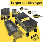 Sekey 48''L Collapsible Foldable Extended Wagon with 440lbs Weight Capacity, Heavy Duty 300L Folding Utility Garden Cart with Big All-Terrain Beach Wheels & Drink Holders. Khaki
