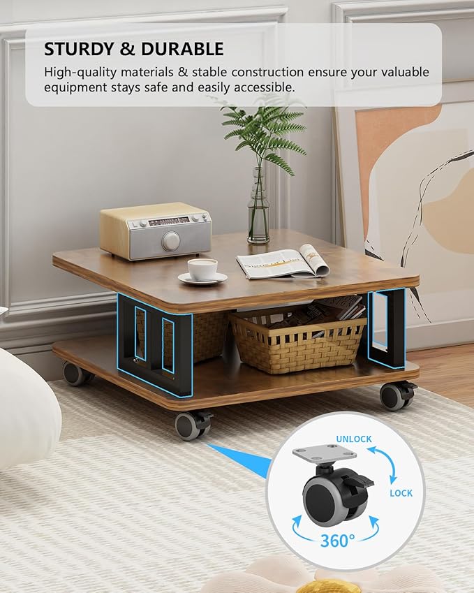Mobile Printer Stand, 2-Tier Large Printer Shelf for Laser 3D Printer Office Machine with Storage, 23.6"x23.6" Wood Printer Cart Under Desk Rack with Wheels for Office Home Kitchen (Brown)