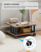 Mobile Printer Stand, 2-Tier Large Printer Shelf for Laser 3D Printer Office Machine with Storage, 23.6"x23.6" Wood Printer Cart Under Desk Rack with Wheels for Office Home Kitchen (Brown)