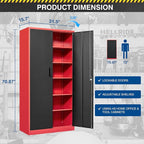 Metal Storage Cabinet-71” Tall Steel File Cabinets with Lockable Doors and Adjustable Shelves-Black&Red Steel Storage Cabinet for Home, School, Office, Garage
