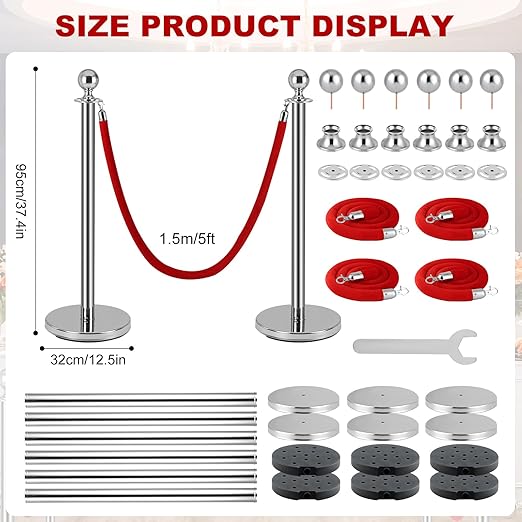 6Pack Silver Stanchion Post, 5 ft Red Velvet Rope Red Carpet Ropes and Poles, Stainless Steel Stanchions for Grand Opening Casino Theme Party Decorations Crowd Control Barriers