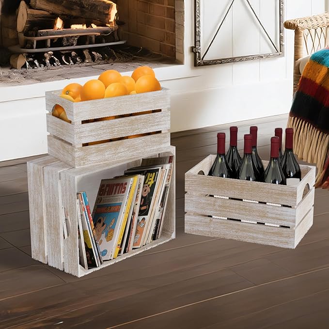 Set of 3 Wood Nesting Storage Crates with Handle(Large,Medium,Small), Farmhouse Decorative Wooden Crates for Display, Rustic Wood Baskets for Home Organization Decor (Washedwhite)