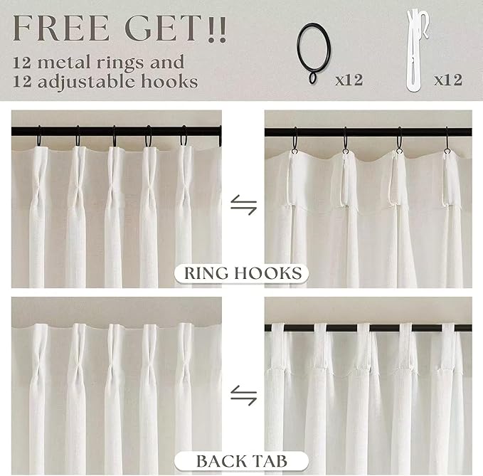 Pinch Pleated Extra Wide Curtain Panels 96 Inches Long 70 Wide Linen Curtain for Patio Sliding Glass Door Semi Sheer Cream Hooks Rings Privacy 96 Inch Length for Living Room 70x96 1 Panel