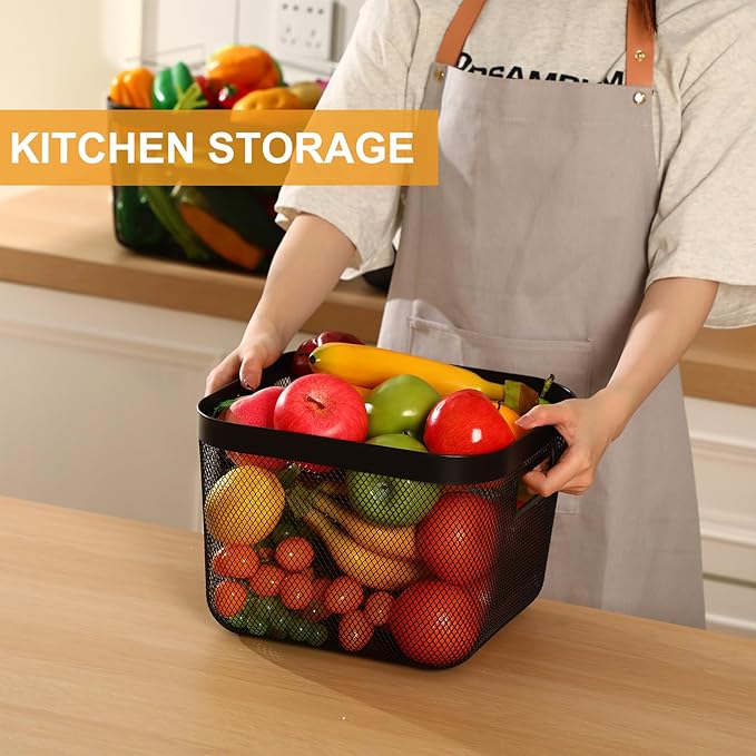 4 Pack Metal Mesh Steel Basket with Hollow Handles Square Wire Mesh Open Bin Fruit Storage Basket for Kitchen Bathroom Picnic Shopping Cabinet Home Items (Large,Black)