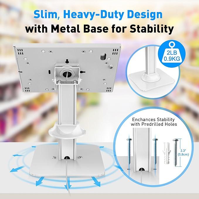 AboveTEK Anti-Theft iPad Kiosk Stand – POS iPad Security Stand & Locking Tablet Holder – Heavy Duty Base, 360° Swivel, 75° Tilt Bracket – Perfect for Retail Business (White)