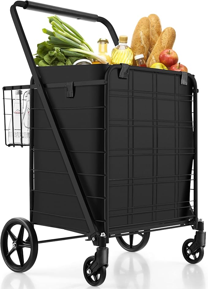 Goplus Shopping Cart for Groceries, Jumbo Upgraded Folding Grocery Cart with Waterproof Liner, 330 LBS Weight Capacity, 360° Swivel Wheels, 33 Gal Double Basket, Heavy Duty Foldable Utility Cart