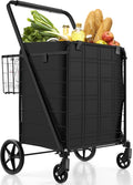 Goplus Shopping Cart for Groceries, Jumbo Upgraded Folding Grocery Cart with Waterproof Liner, 330 LBS Weight Capacity, 360° Swivel Wheels, 33 Gal Double Basket, Heavy Duty Foldable Utility Cart