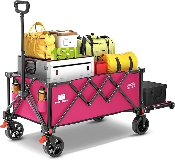 Collapsible Wagon Cart with Extended Tailgate,Heavy Duty Folding Cart, 155L Foldable Utility Wagons for Beach, Picnic, Grocery, Outdoor Camping(Pink)