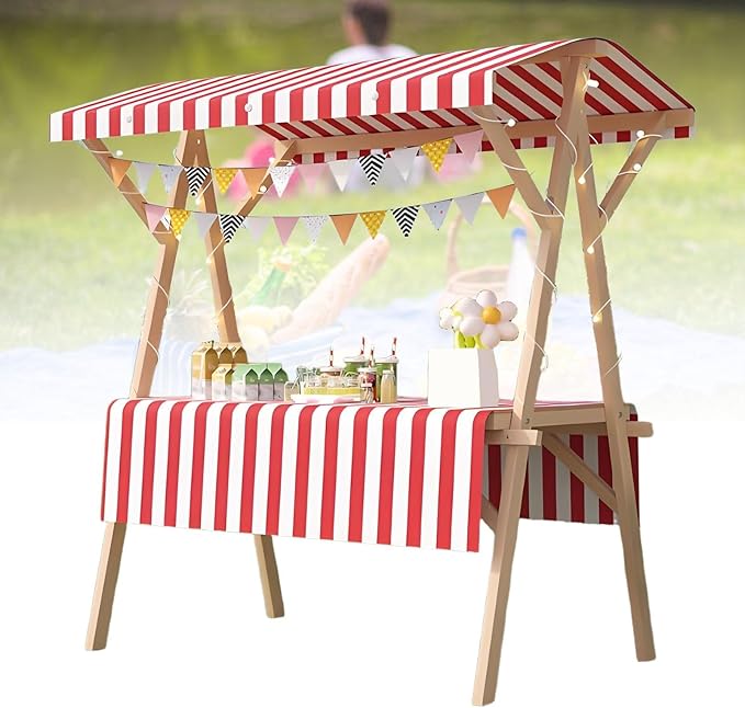 Collapsible Mobile Market Stall Carts Vendor on Wheels, Wood Outdoor Vendor Cart, Easy to Assemble for Parties, Birthdays, Weddings, Bar(Red2,150cm/59in)