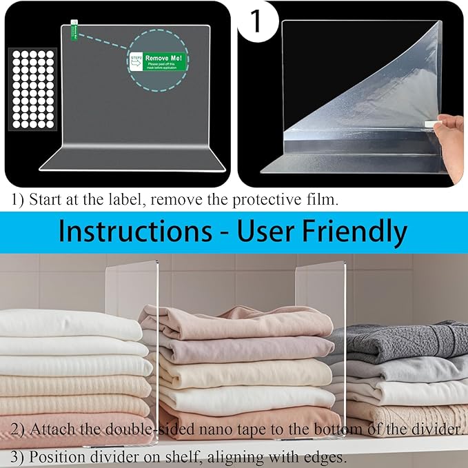 Shelf Dividers for Closet Organization: 10" Tall x 12" Deep Acrylic Closet Shelf Dividers for Clothes Sweater Purse - Free Standing Clear Separators for Shelves