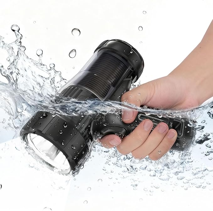 FORTO Rechargeable Spotlight, 1800ft Beam Distance, 5000 Lumens and IPX8 Waterproof 40 ft Depth, Warm Glow Camping Lantern, Perfect for Dog Walking, Camping, Adventure, Home Backup use (Black-Pro)