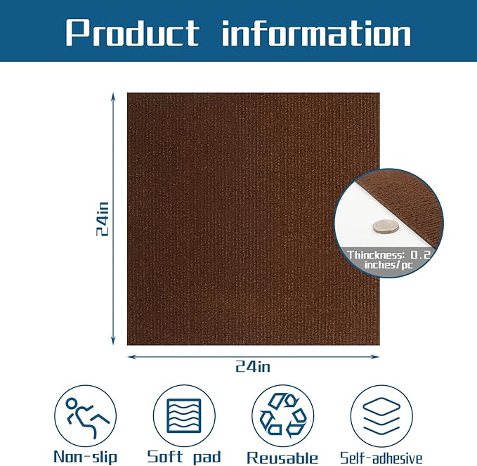 Peel and Stick Carpet Squares 24" x 24", Self Adhesive Non-Slip Carpet Tiles, Peel and Stick Soft Padded Carpet Tiles for Kitchen Bedrooms Indoor Outdoor(20 Tiles/80 sq ft)