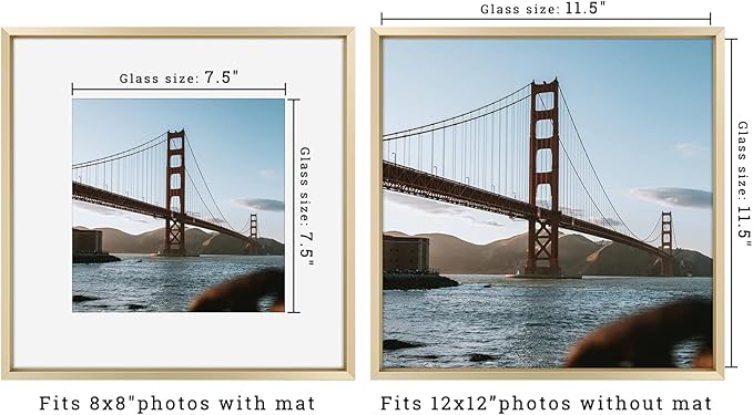 Frametory, 12x12 Metal Picture Frame with Mat for 8x8 Picture & Real Glass, Aluminum Photo Frame Collection (Gold, 2 Pack)
