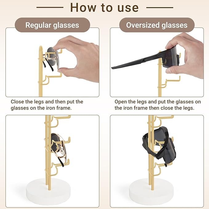 Mkono Sunglasses Organizer Glasses Holder Stand Sunglass Storage Eyeglasses Rack Metal Frame with Wood Base for 5 Pairs of Eyewear Display for Table Desk Countertop Dresser Bedroom, Set of 1, Gold