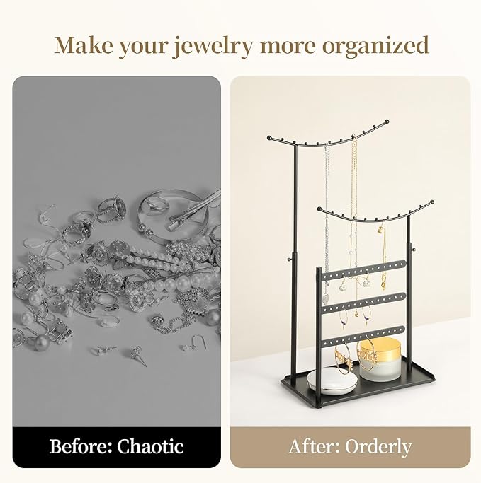 LAMU Jewelry Organizer, 5 Tier Jewelry Stand Display with Anti Entanglement Necklace Holder Tree, Height Adjustable Stroage for Earrings Rings Studs Bracelet, Christmas Gifts for Women Girls, Black