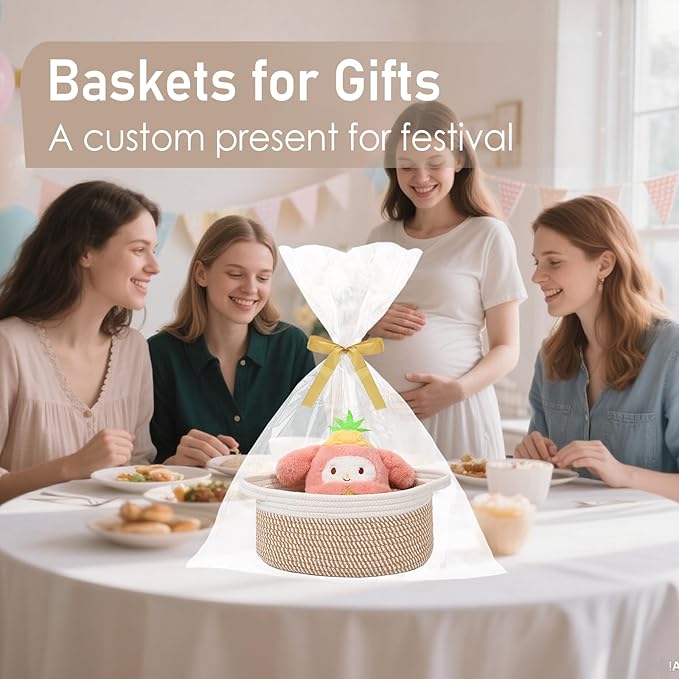 Woven Basket,Small Rope Storage Bin with Handles & Ribbon Bag, Organizer for Shelves Closets,Gift Basket Empty for Birthday,Books,Dog Toys, White&Brown Block/2 Pack