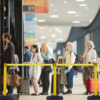 OangeStar 4-Pack Commercial Crowd Control Stanchions with 10ft Retractable Belt, Heavy Duty Queue Barriers for Events, Black Rubber Base Post for High Traffic Areas, Banks & Retail Stores, Yellow