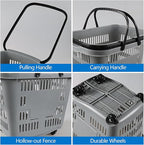 50 Liter Plastic Shopping Basket with Wheels, 4 Pack Large Rolling Baskets for Groceries, Gray