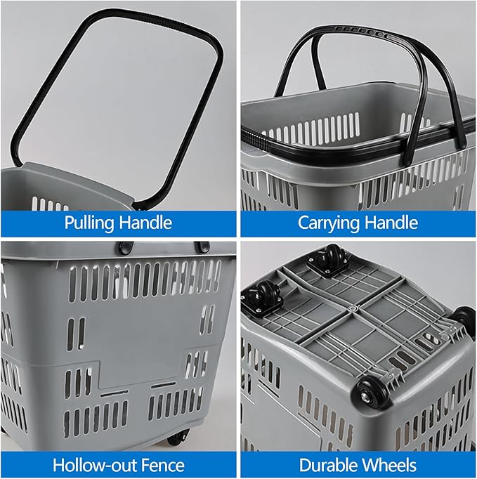 50 Liter Plastic Shopping Basket with Wheels, 4 Pack Large Rolling Baskets for Groceries, Gray