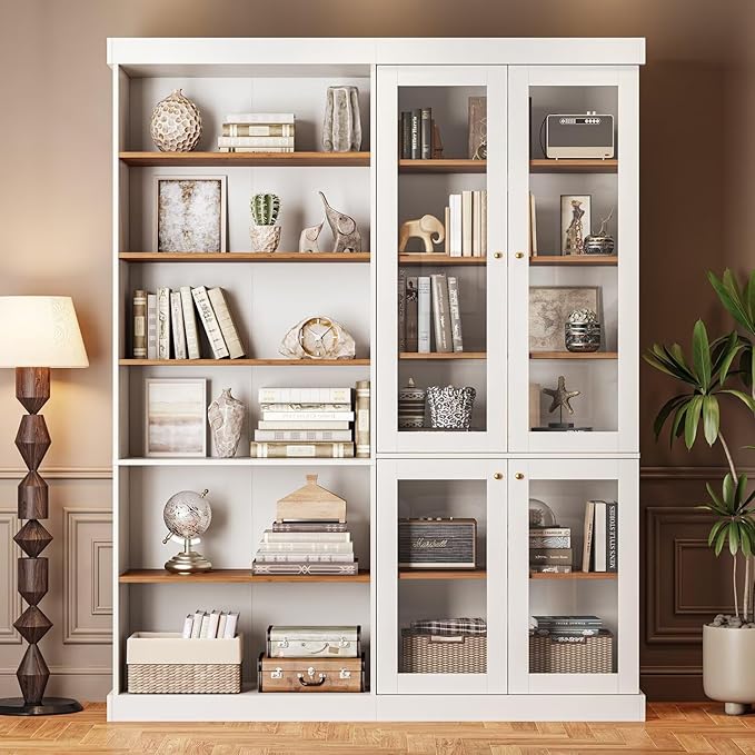 Vyre 70.8" Tall Farmhouse Bookshelf with Glass Doors, Modular Bookcase with 6-Tier Adjustable Shelves, Large Storage Cabinet for Kitchen, Living Room, White, Set of 4