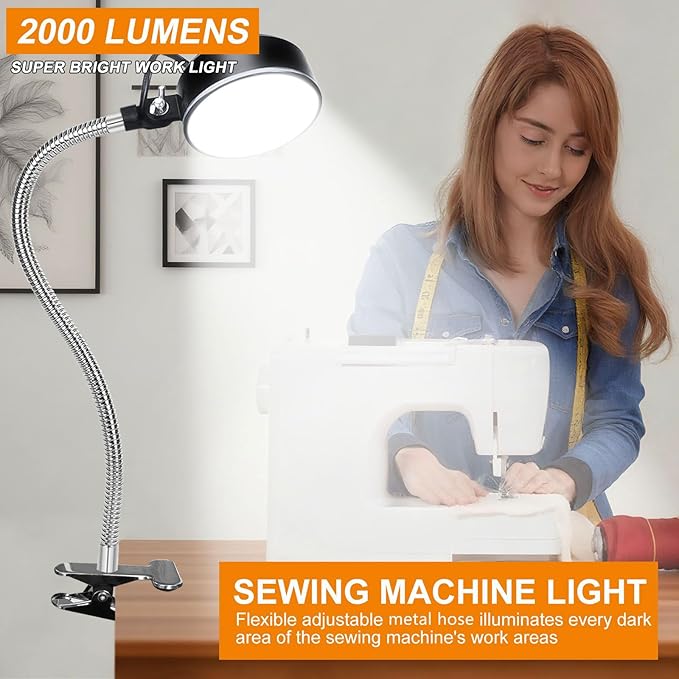 Clamp Light, LED Work Light with Flexible & Strong Clip for Workshop, Sewing, Lathe, Desk, Bright Small Area Task Lighting, 2000 Lumens, Silver