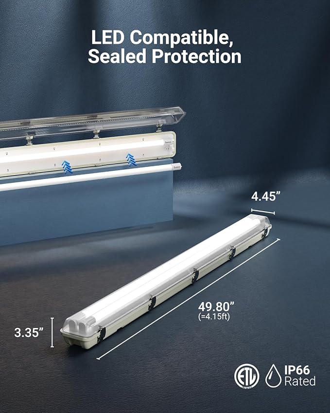 Sunco LED Ready Fixture for Garage Ceiling, 4ft Shop Lights Holds 2 LED Tube Lights, Non-Dimmable, Surface Mount, Works with Type B and Hybrid Tubes, 120-277V, Wet Rated ETL 24 Pack