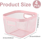 4 Pack Metal Mesh Basket with Hollow Handles Pink Wire Storage Bin for Organizing Stackable Metal Fine Mesh Basket for Pantry Bathroom Kitchen Cabinets Shelves