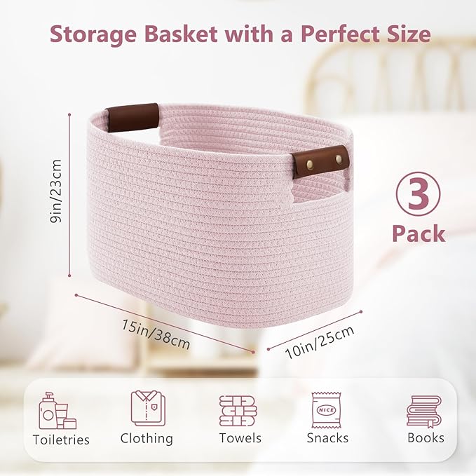 Cotton Rope Basket, Storage Baskets with Handle, 15x10x9 Inch Woven Basket for Shelves, Laundry, Towels, Clothes, Books (Light/Pink 3Pack)