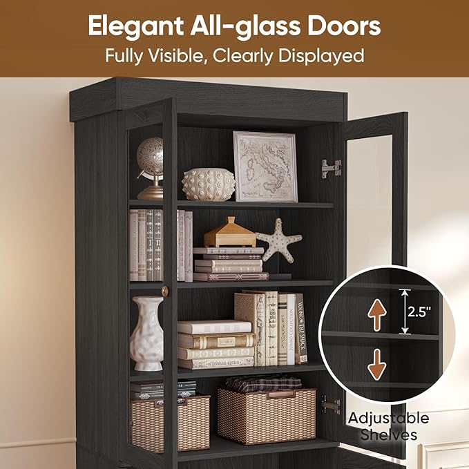 Vyre 71" Tall Farmhouse Bookshelves with Glass Doors, Set of 3 – Large Modular Bookcase with Adjustable Shelves, Storage Cabinet for Living Room, Kitchen, Home Office, Black