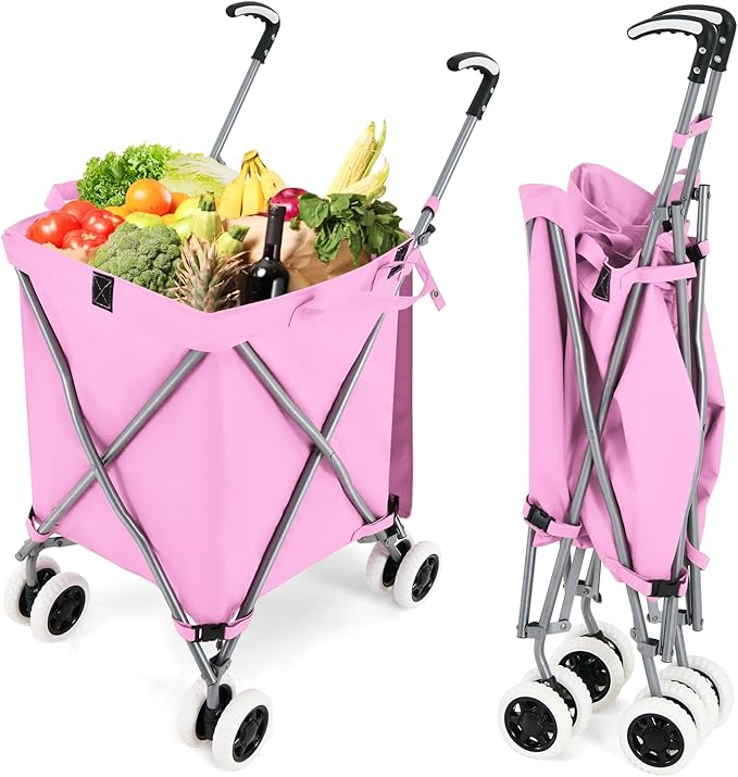 GOFLAME Folding Shopping Cart on Wheels, Waterproof Grocery Cart with Removable Cover and 360° Swiveling Wheels, Collapsible Utility Cart for Groceries and Laundry, 120LBS Load Capacity, Pink