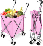 GOFLAME Folding Shopping Cart on Wheels, Waterproof Grocery Cart with Removable Cover and 360° Swiveling Wheels, Collapsible Utility Cart for Groceries and Laundry, 120LBS Load Capacity, Pink