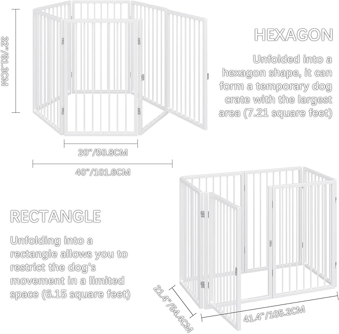 Vantas Folding No-Assembly Metal Pet Gate 120" Wide, 32" Extra Tall Dog Gate with Door Walk Through, Freestanding Accordion Puppy Gate Dog Door for Indoor & Outdoor, with 2PCS Support - White