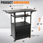 Large Mobile AV Cart with Locking Cabinet and Drop Leaves, Height Adjustable Steel AV Cart with Wheels and Power, Rolling Computer Cart with Pullout Keyboard Tray for Office, Warehouse&Classroom