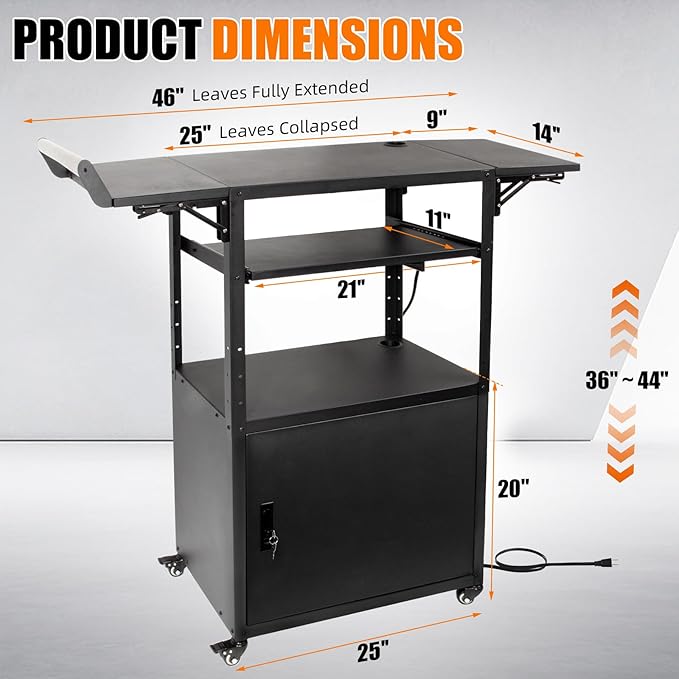 Large Mobile AV Cart with Locking Cabinet and Drop Leaves, Height Adjustable Steel AV Cart with Wheels and Power, Rolling Computer Cart with Pullout Keyboard Tray for Office, Warehouse&Classroom