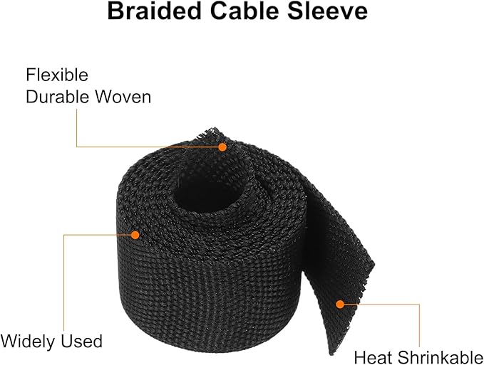 MECCANIXITY Braided Cable Sleeves Heat Shrinkable Fabric Sleeving, 5/8" 3ft Black 2:1 Ratio Heat Shrinkable Cord Protector for Harness Cable, Network Cable Protection, Cable Management