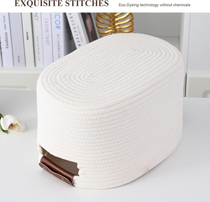 Cotton Rope Basket, Storage Baskets with Handle, 15x10x9 Inch Woven Basket for Shelves, Laundry, Towels, Clothes, Books (White 1Pack)