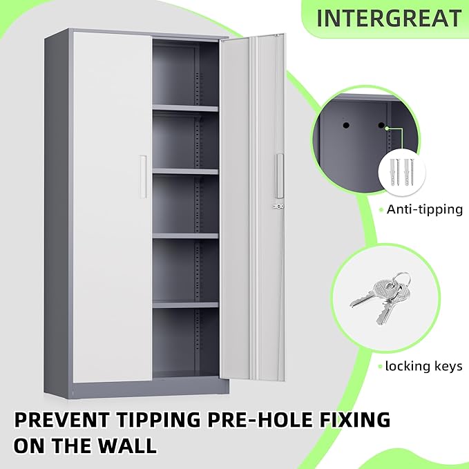 INTEGREAT Metal Storage Cabinet,71" Grey White Office Metal Cabinet with Locking Doors and Adjustable Shelves,Steel Locking Cabinets for Office,Home,Garage,Gym,School
