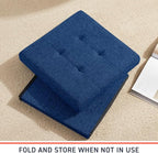 Ornavo Home Foldable Tufted Linen Storage Ottoman Square Cube Foot Rest Stool/Seat - 15" x 15" x 15" (Navy)