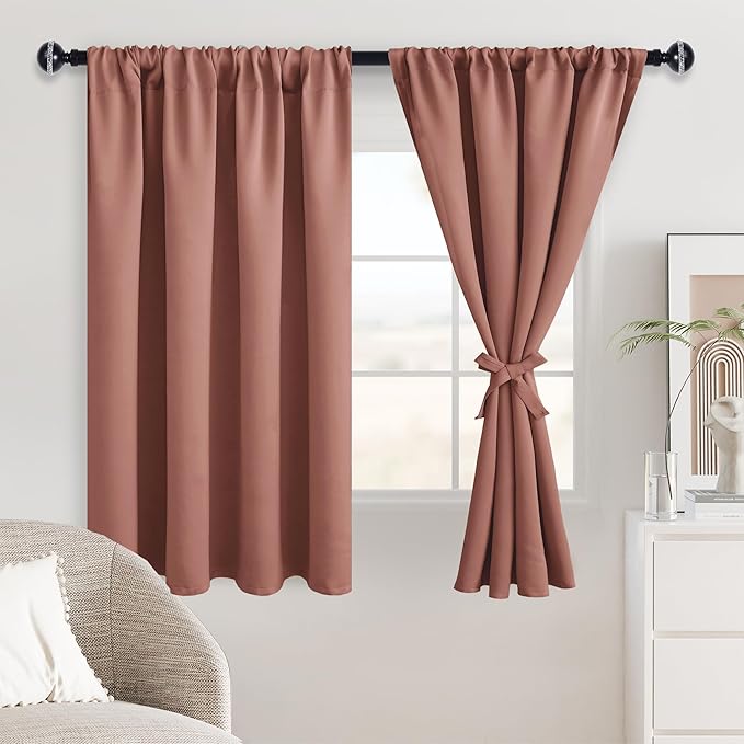 JIUZHEN Blackout Curtains for Bedroom - Thermal Insulated Noise Reducing Privacy Short Curtain for Living Room, Set of 2 Panels with Tiebacks, 42 x 54 inches Long,Dusty Rose